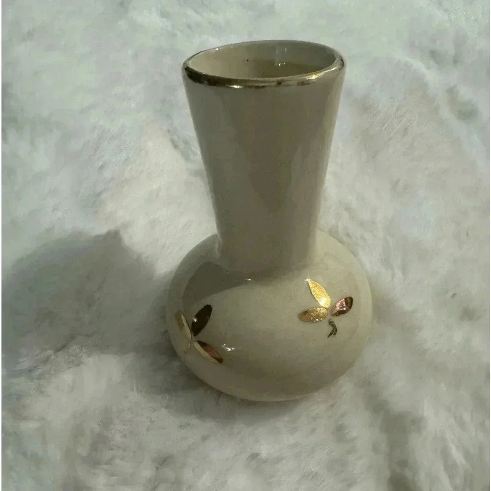 Vintage MCM Ceramic Cream & Gold Floral Handpainted Small Vase 70’s 80’s Fun - Picture 3 of 12
